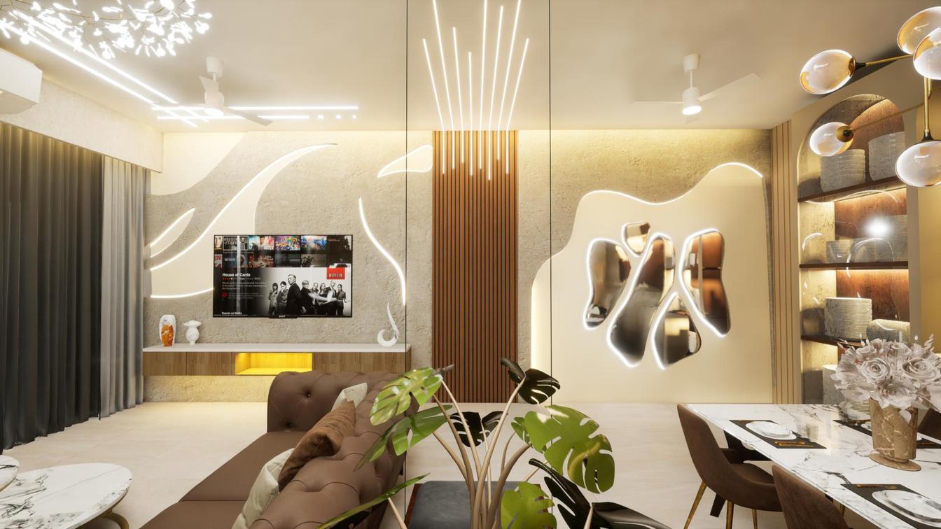 Ultra-wide contemporary living room with sculptural lighting
